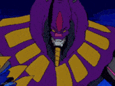a cartoon character is fighting another cartoon character in a purple and yellow suit .