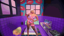 a woman in a pink bathing suit stands in a purple room