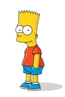 bart simpson wearing a red shirt and blue shorts stands on a white background