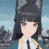 a girl with long black hair and a cat ear is wearing a suit and tie
