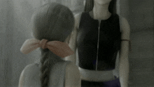 a girl with a pink bow in her hair is standing next to another girl in a black top