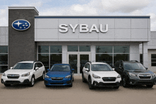several subaru cars are parked in front of the sybau dealership