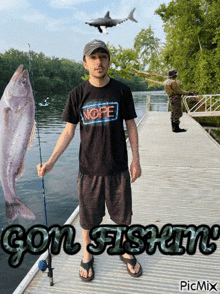 a man standing on a dock holding a fishing rod with the words gon fishing below him