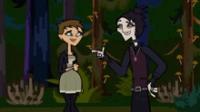two cartoon characters are standing next to each other in the woods