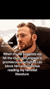 a man with a beard is sitting in a chair with a caption that says tiktok @luvkevo .