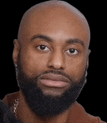 a bald man with a beard is wearing a brown shirt and earrings .