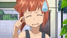 a cartoon girl with red hair has a blue tear coming out of her forehead
