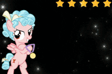 a pink pony is holding a gold medal in front of an olympic ring