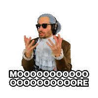 a man wearing a wig and headphones is dancing with the words mooooooo oooooooore behind him