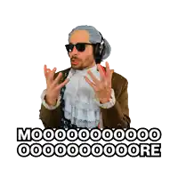 a man wearing a wig and headphones is dancing with the words mooooooo oooooooore behind him
