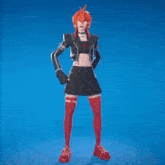 a girl with red hair is wearing a black skirt and red stockings