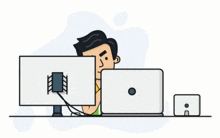 a cartoon of a man sitting in front of a computer monitor and a laptop