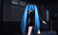 a blue haired anime character is standing in front of a piano