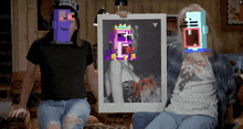 two people are sitting on a couch holding a framed picture of a woman with pixelated faces on their faces