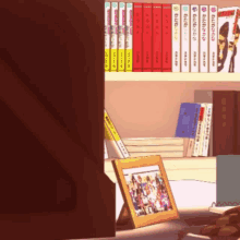a shelf full of books including one that says ' tokyo ghoul ' on the cover