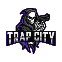 a logo for trap city rp shows a skeleton holding a gun