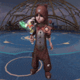 a cartoon character in a teddy bear costume holds a green balloon