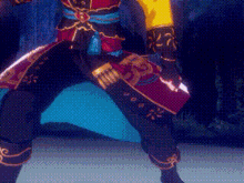 a person in a colorful costume is standing on a blue surface .