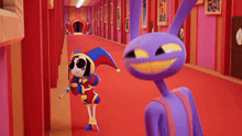 a purple rabbit and a jester are standing next to each other on a red carpet .