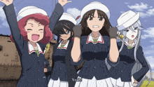 a group of anime girls are standing together and one of them says yeah !