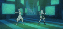 two anime characters are standing in front of a wall with a spider web on it