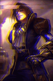 a painting of a man with a sword and a purple background