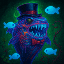 a fish wearing a top hat and bow tie is surrounded by blue fish