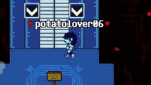 a video game character is standing in front of a sign that says potatolover86 on it .