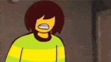 a cartoon character is making a funny face and wearing a yellow and green striped shirt .