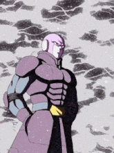 a cartoon character in a purple suit stands in front of a gray background
