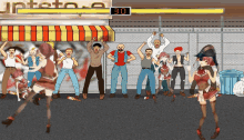 a group of people are standing in front of a store that says untstop