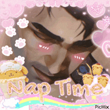 a picture of a man with the words nap time written in pink