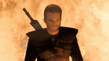 a man with a sword on his shoulder is standing in front of a fire