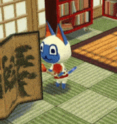a cartoon cat is standing in a room with a bookshelf in the background