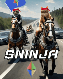 two cats are riding horse drawn carriages on a highway with the word ninja on the bottom