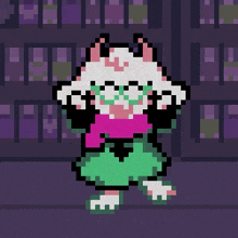 a pixel art of a cat with a pink scarf