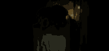 a person is standing in the dark with a shadow of a person on the wall behind them .