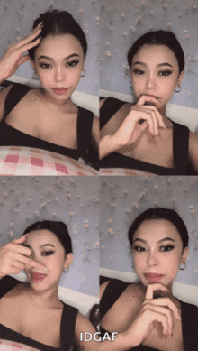 a collage of four photos of a woman with idgaf written on the bottom right
