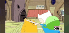 finn and jake from adventure time are fighting in a room