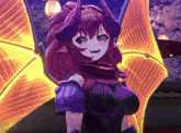 a purple anime character with horns and wings stands in front of lanterns