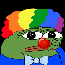 a green frog wearing a rainbow clown wig and bow tie