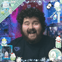a picture of a man with a beard and curly hair is surrounded by hearts and animals and has the hashtag picmix