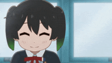 a cartoon girl with pigtails and a red bow tie smiles