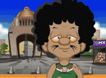 a cartoon character in front of a cdmx sign