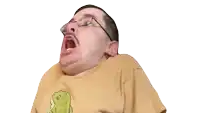 a man with glasses and a yellow shirt with a frog on it