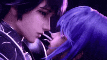 a man and a woman are kissing in a dark room . the woman has purple hair and the man has black hair .