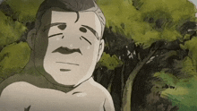a cartoon drawing of a shirtless man with a mustache in front of trees