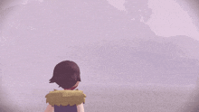 a cartoon character is standing in front of a foggy landscape