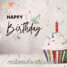 a happy birthday card with a cupcake and candles