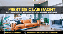 an ad for prestige clairmont shows a living room